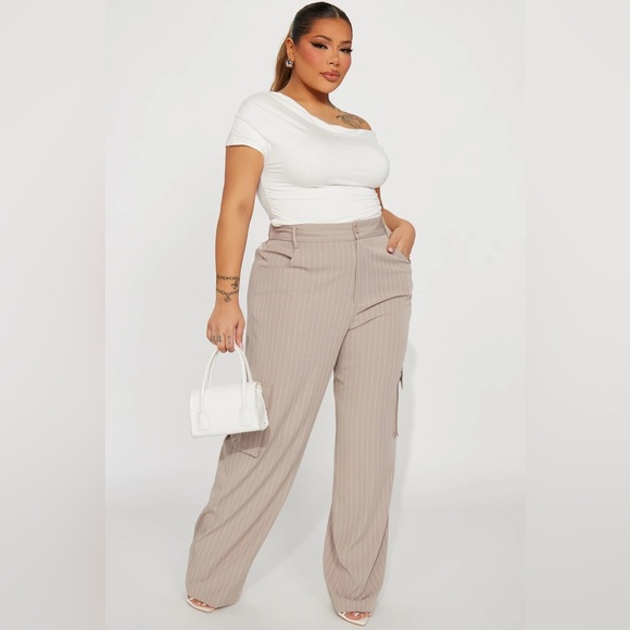 EUC Fashion Nova Nikki Cargo Trouser - Taupe/white pinatripe - Picture 4 of 7